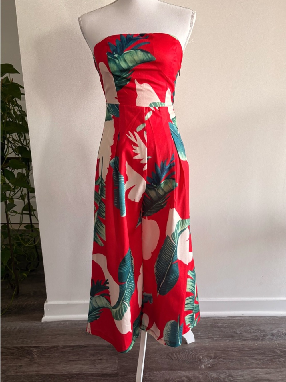 Lulu's Red Strapless Tropical Print Jumpsuit